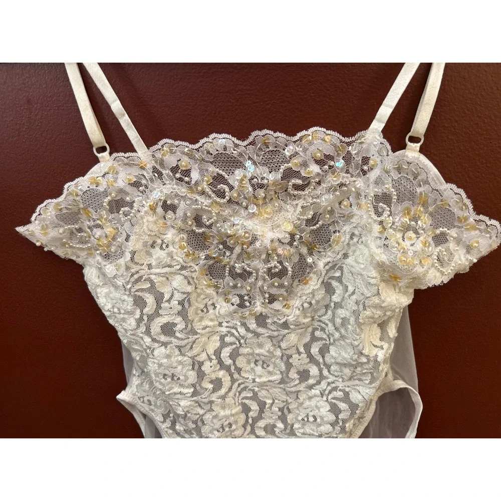 90s Cinema Etoile Bodysuit Lace Pearl Sequin Coquette Regencycore Bridal Ivory S - Picture 2 of 5